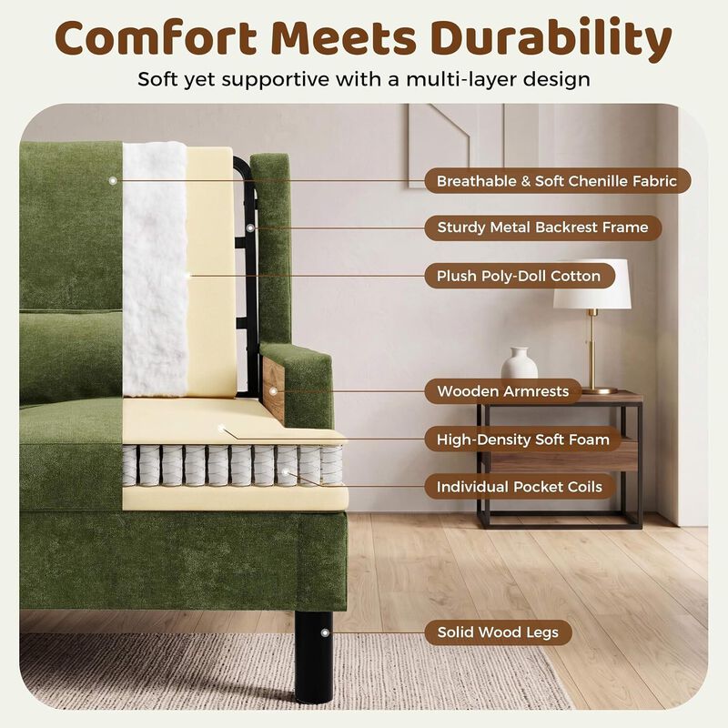 Upholstered Wingback Accent Chair, Modern Reading Armchair for Living Room, Bedroom, Green image number 4