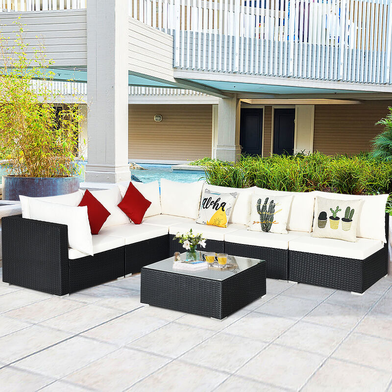 7-Piece Outdoor Sectional Wicker Patio Sofa Set with Tempered Glass Top