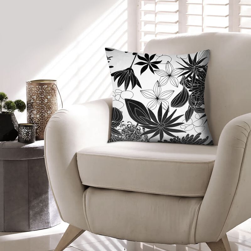 17 x 17 Inch Decorative Square Cotton Accent Throw Pillows, Classic Floral Print, Set of 2, Black and White-Benzara image number 2