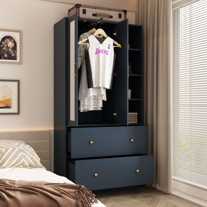 Blue Wood 35.5 in. W Armoires Wardrobe With Mirror, Pulling Hanging Rod, Drawers, Shelves 15.8 in. D x 70.8 in. H