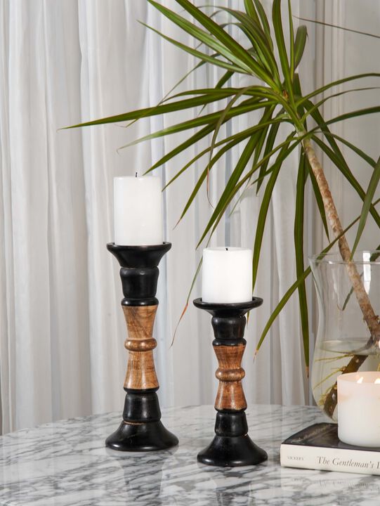 Traditional Dark Polish Eco-friendly Handmade Mango Wood Set Of Two 6" & 9" Pillar Candle Holder