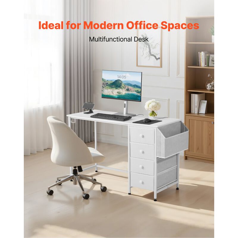 Writing Desk with Fabric Storage Drawers, Reversible Computer Table with Steel Frame-White image number 7