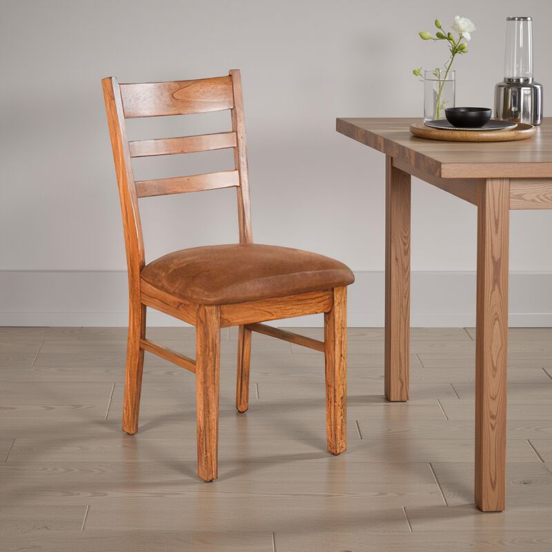 Marv Dining Chair Set of 2, Ladderback, Saddle Seat, Light Brown Wood - Benzara