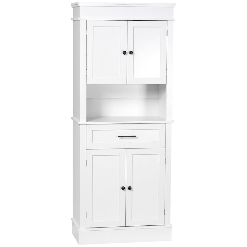 White Kitchen Storage: 72" Tall Freestanding Hutch with Shelving & Drawer