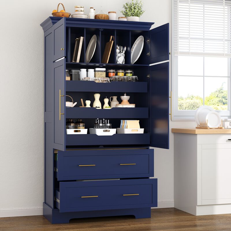 Merax 72.6" Shaker Style Kitchen Pantry - 4-Door 3 Pull-Out Tray Multi-Functional Storage Cabinet image number 2