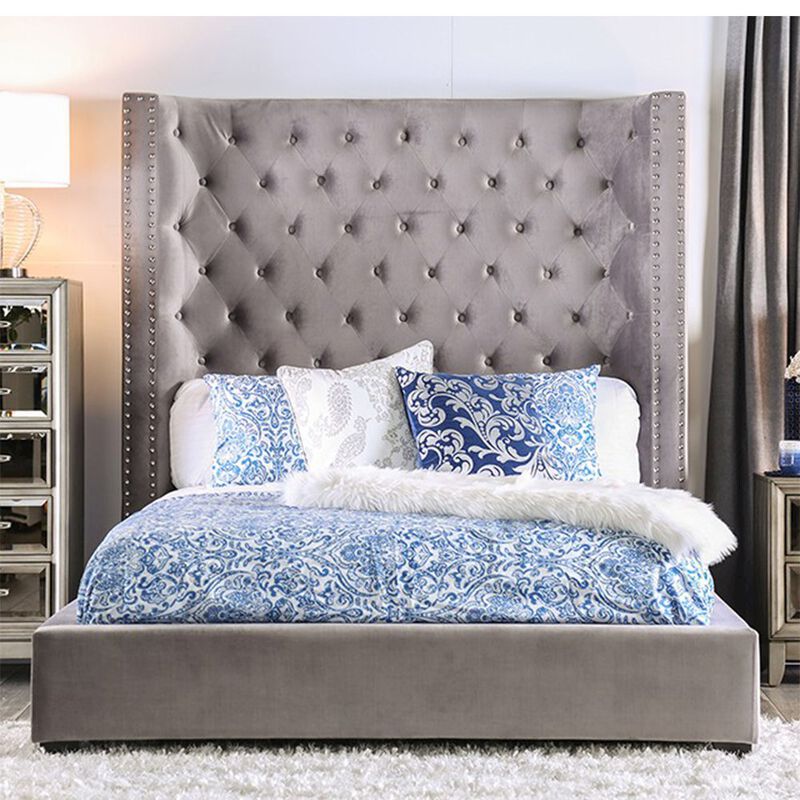 Simple Relax Velvet-like Fabric Queen Bed with Wingback Headboard in Gray image number 1