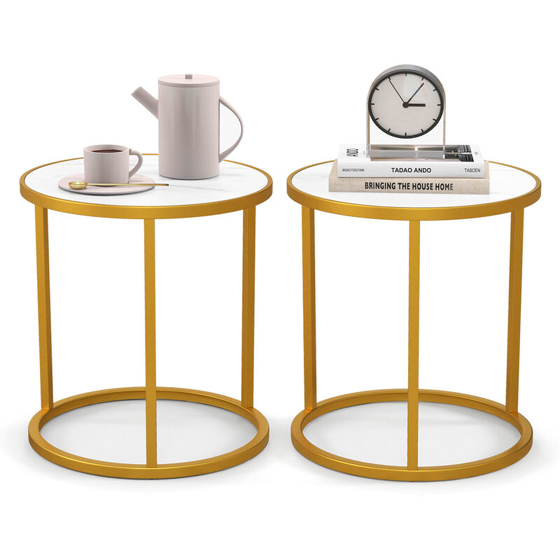 Marble Top Round Side Table 16-Inch End Table with Golden Metal Frame-Set of 2