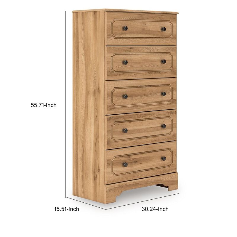 Alia Tall Dresser Chest, 5 Drawers, Nickel Knobs, Natural Oak Brown image number 7