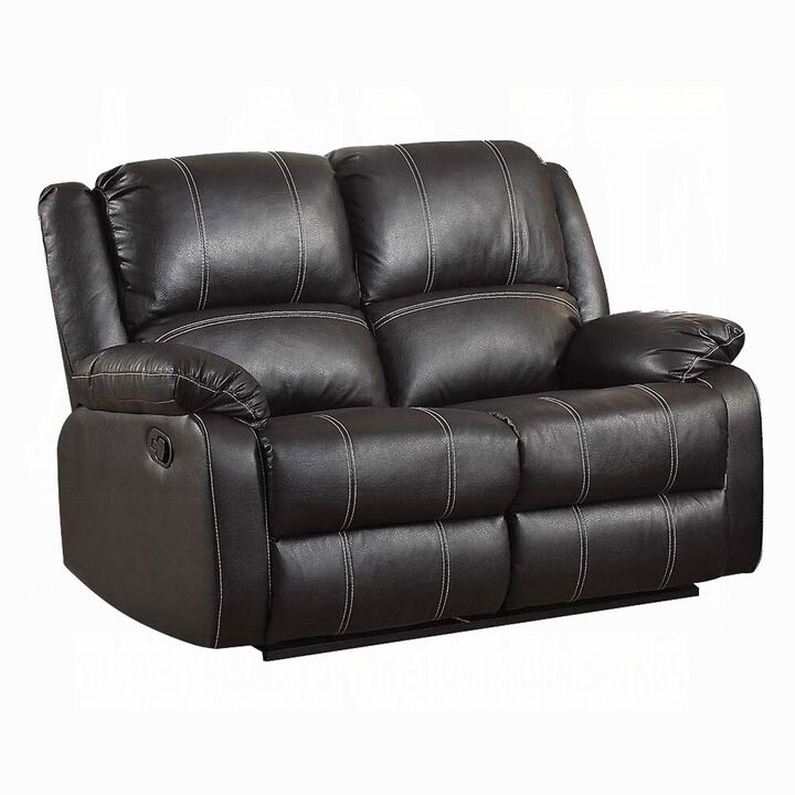 Zuru Motion Manual Recliner Loveseat, Pillow Top, Black Faux Leather - Benzara
