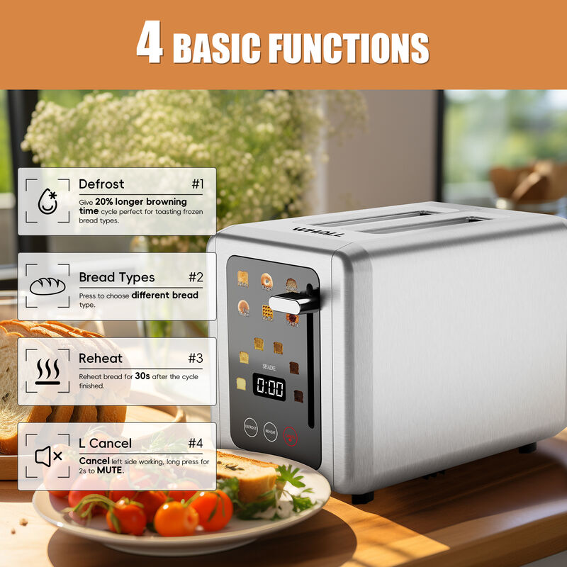 WHALLULTRA 2 Slice Stainless Steel Toaster, 5 Basic Functions with Bagel, Cancel, Defrost & Removable Crumb Tray image number 2