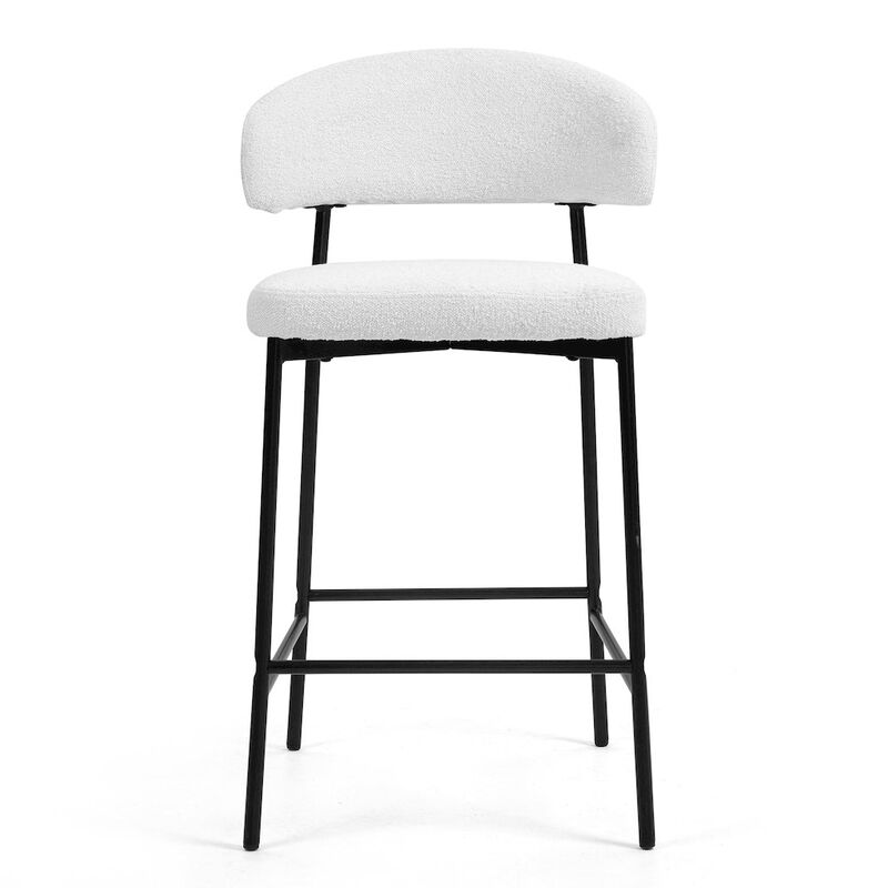 Glamour Home Set of 2 Bennett White Boucle Upholstered Fabric Counter Stool Black Iron Legs