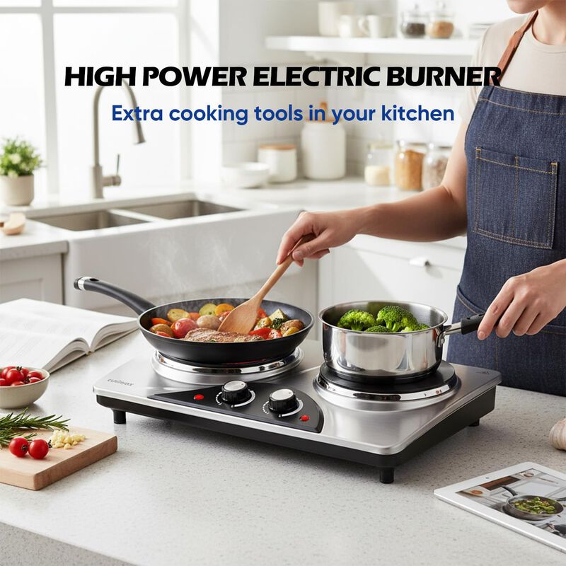 Cusimax 1800W Electric Double Hot Plate, Countertop Cast Iron Burner, Temperature Controls, Power Indicator Lights image number 4
