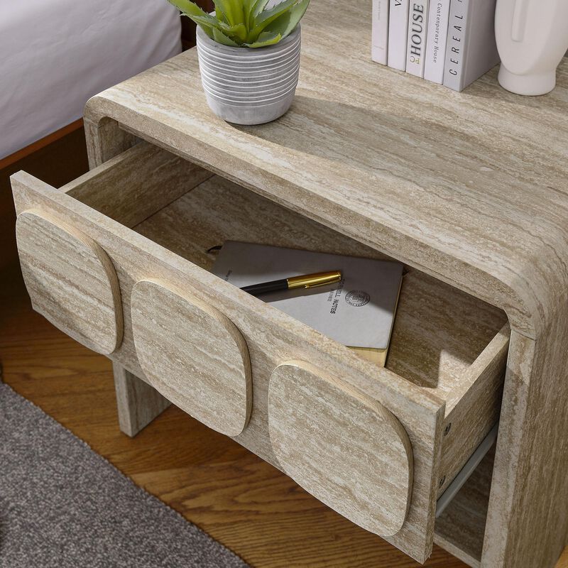 Modway Toscana 1-Drawer Nightstand in Travertine - Rounded Curved-Top Nightstand with Circular Pattern Drawer - Modern Side or End Table for Living Room with Storage Drawer and Shelf image number 5