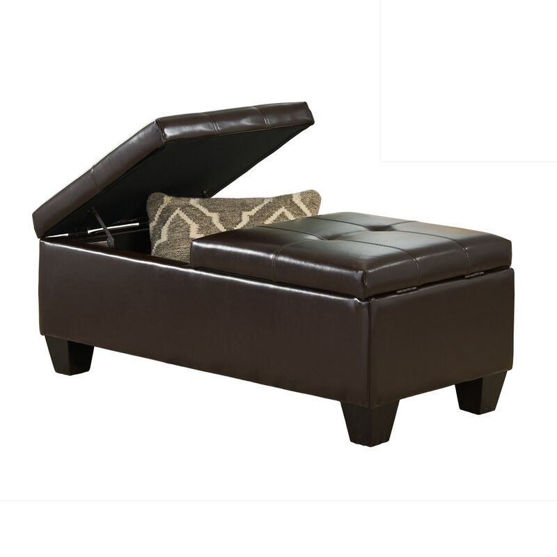 Storage Ottoman, Chocolate Faux Leather, Soft Cushioning, 47 Inch - Benzara