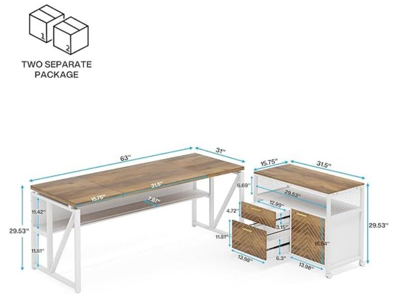 Office Desk Set &ndash; 63" Light Walnut L‑Shaped Executive Computer Table with File Cabinet image number 2