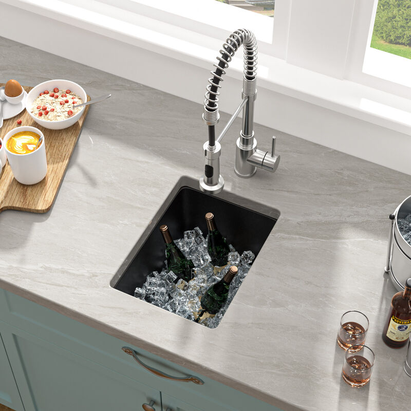12 in. Black Quartz Composite Undermount Kitchen Sink Single Bowl Prep Bar Basin Round Corner with Bottom Grid image number 2