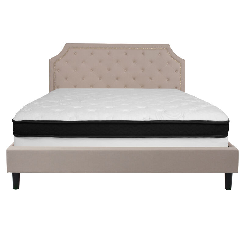 Brighton King Size Tufted Upholstered Platform Bed in Beige Fabric with Memory Foam Mattress