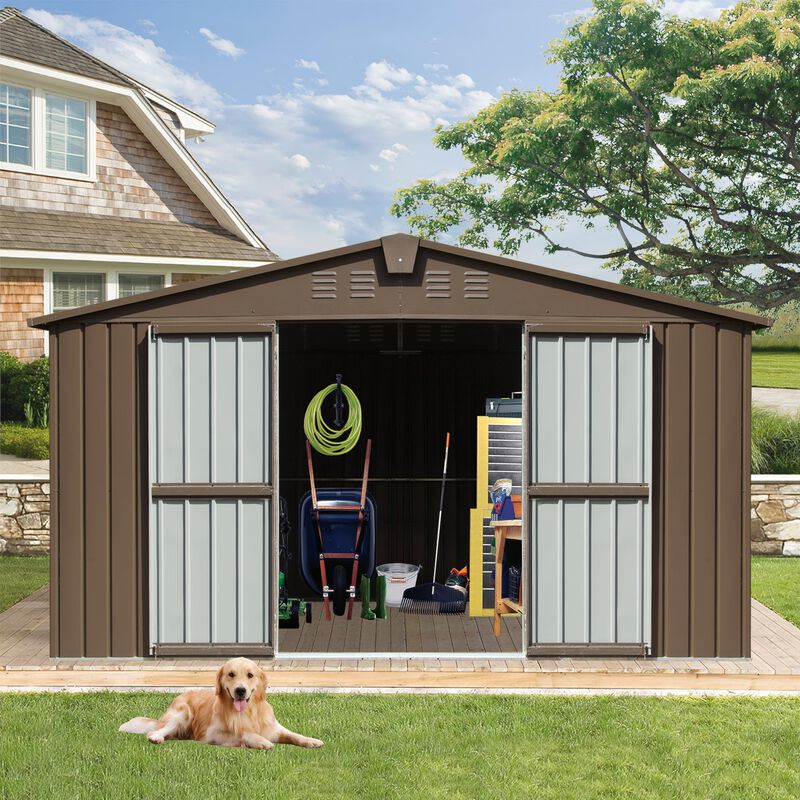 CLIHOME 11x9Ft Backyard Galvanized Steel Frame Storage Shed,Outdoor Metal Tool Shed Storage Room with Lockable Door image number 1