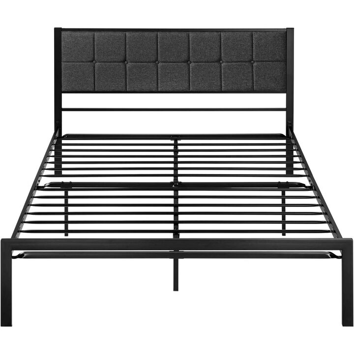 QuikFurn Full Metal Platform Bed Frame with Gray Button Tufted Upholstered Headboard