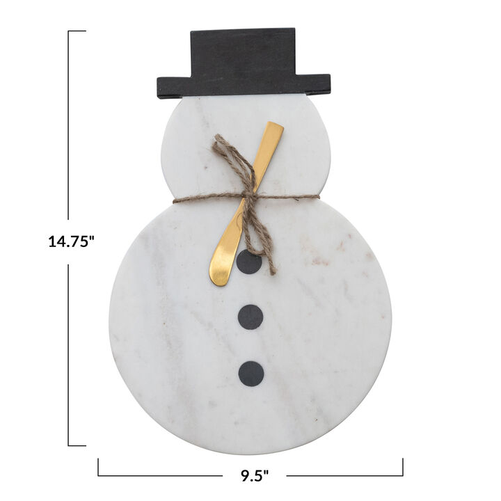 Marble Snowman Shaped Cheese and Cutting Board with Stainless Steel Canape Knife, White, Black and Gold Finish