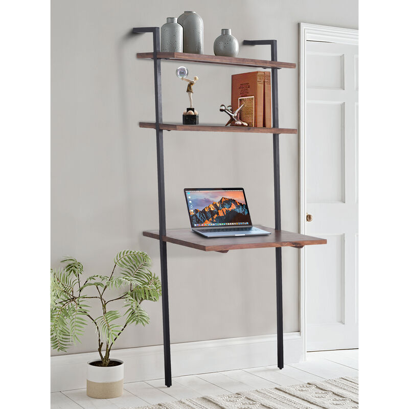 Industrial 3 Tier Mango Wood Ladder Storage Wall Shelf with Tubular Frame, Brown and Black - Benzara