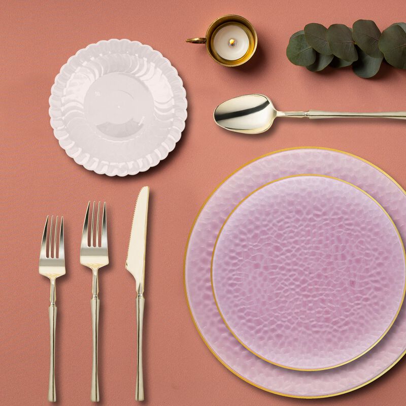 Clear Pink with Gold Rim Hammered Glass Plastic Tableware Set (120 Sets) image number 1