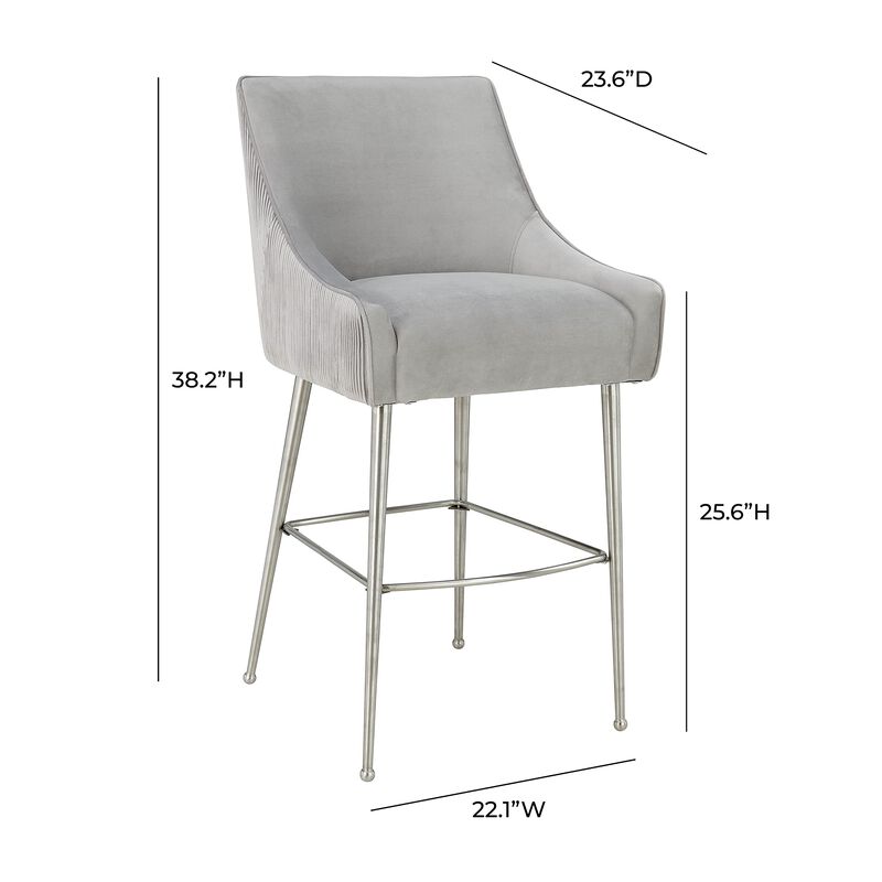 Tov Furniture Beatrix Pleated Velvet Upholstered Bar Stool with Silver Handle and Legs (Light Grey) image number 6