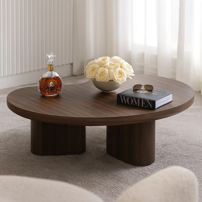 Yex Coffee Table, 35 Inch Curved Top with Pedestal Legs, Smoked Oak Brown image number 6