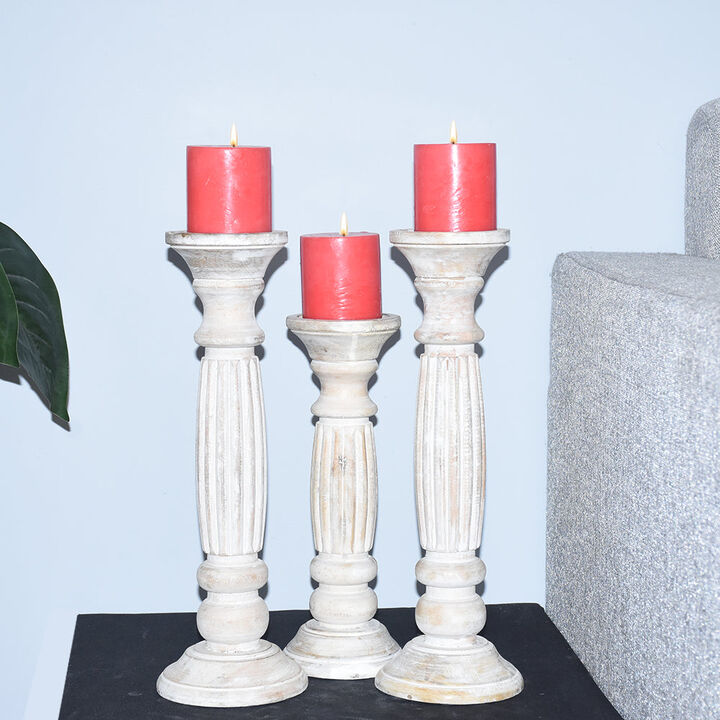 Traditional Antique White Eco-friendly Handmade Mango Wood Set Of Three 15",12" & 15" Pillar Candle Holder