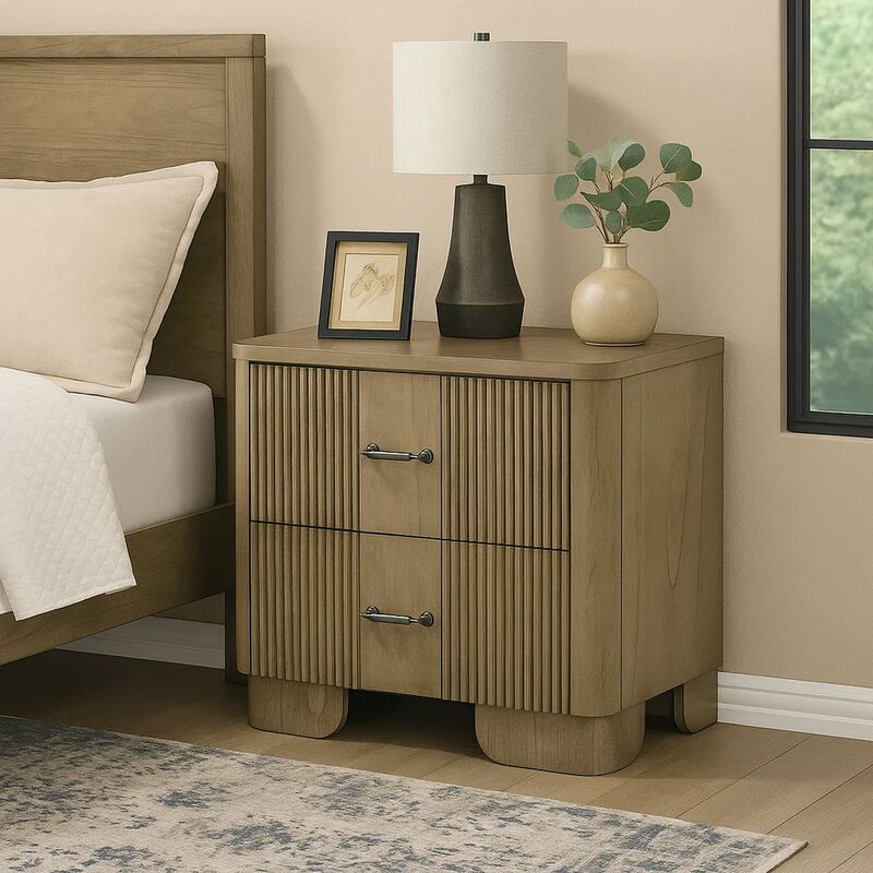 Leky Nightstand, 2 Reeded Drawers, Rounded Corners, Antique Oak Brown image number 1