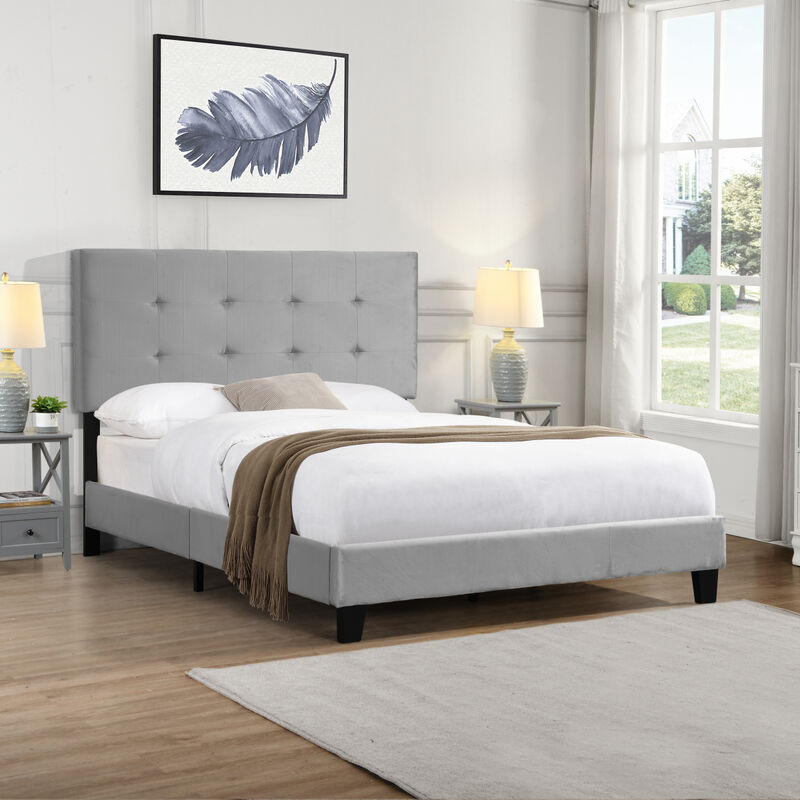 Full Size Upholstered Platform Bed Frame with pull point Tufted Headboard, Strong Wood Slat Support, Mattress Foundation, No Box Spring Needed, Easy Assembly, Gray