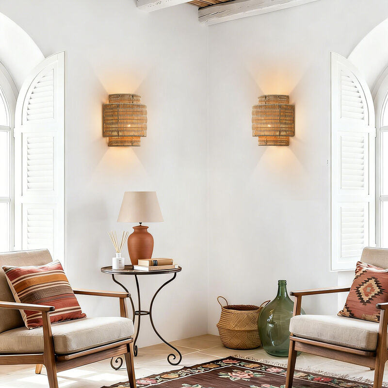 9" 1-Light Farmhouse Natural Handwoven Rattan Sconces for Bedroom, Hallway or Entryway image number 4