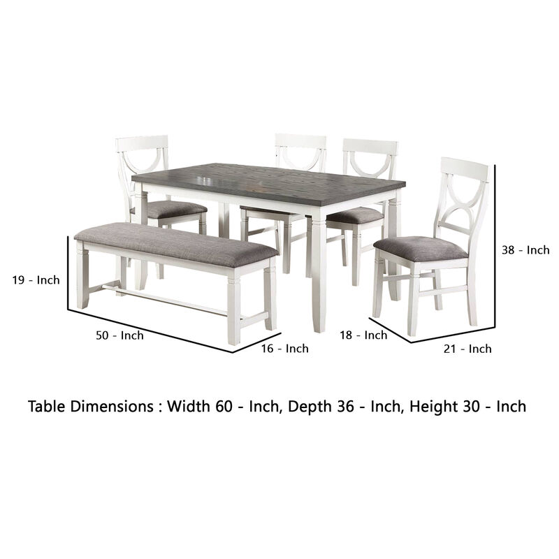 6 Piece Dining Set with Cut Out Back Chairs and Padded Bench, White and Gray - Benzara