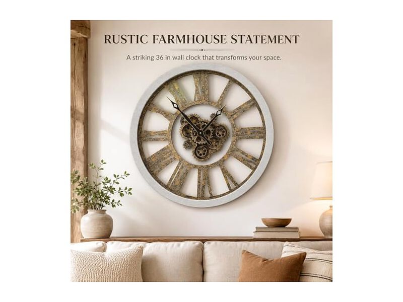 Style Silver Gray Real Moving Gears Wall Clock 30 Inch Wood Vintage image number 2