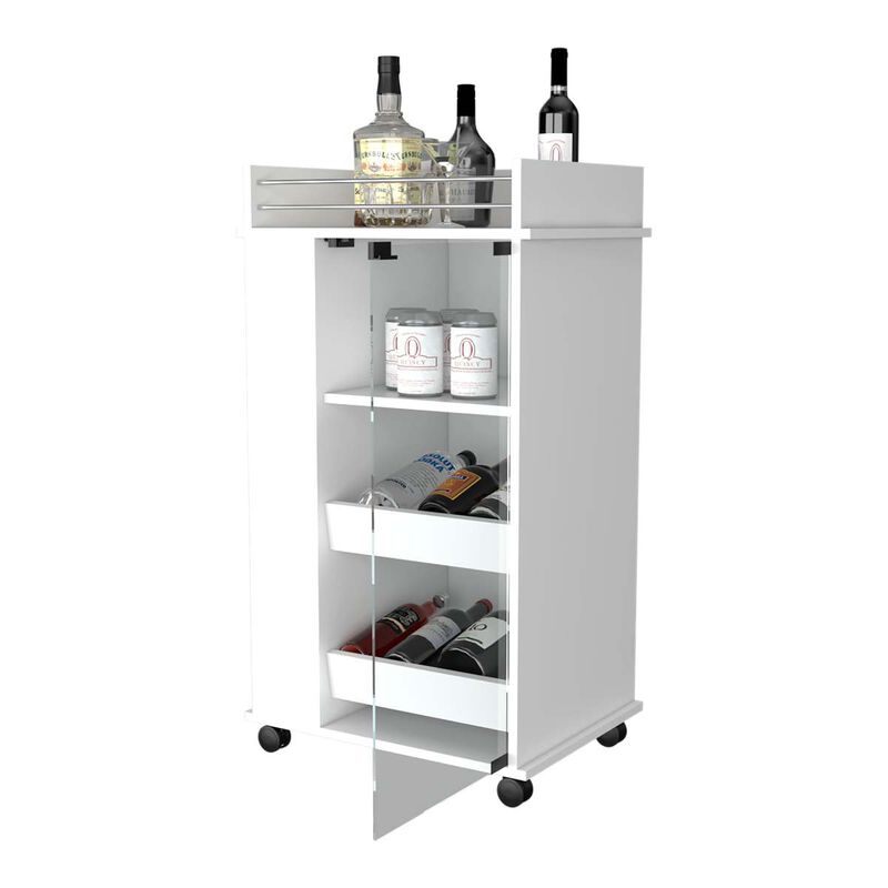 Willow Park Glass Door Bar Cart with Bottle Holder and Casters White