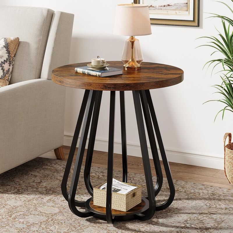 2-Tier Small Side Table, Sofa End Table with Metal Frame for Small Spaces-Vintage Brown image number 3