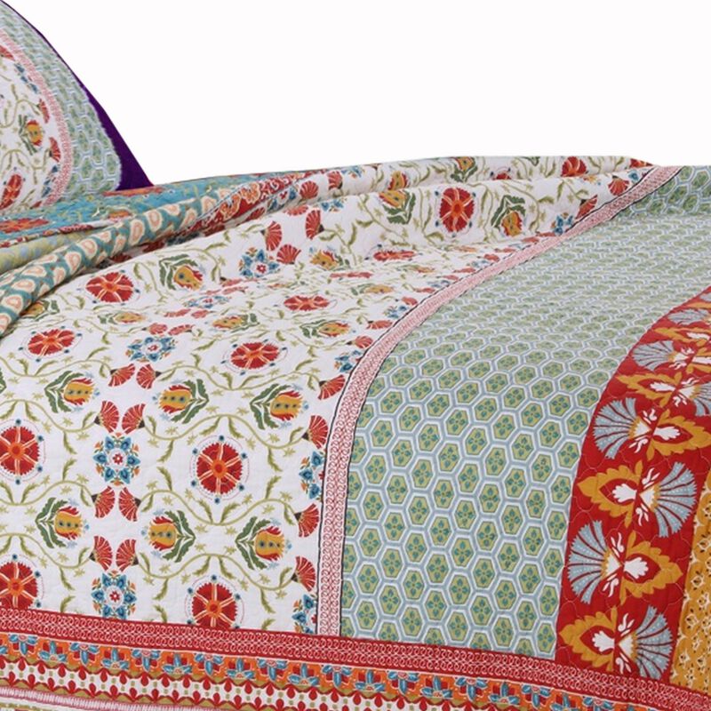 Geometric and Floral Print King Size Quilt Set with 2 Shams, Multicolor - Benzara