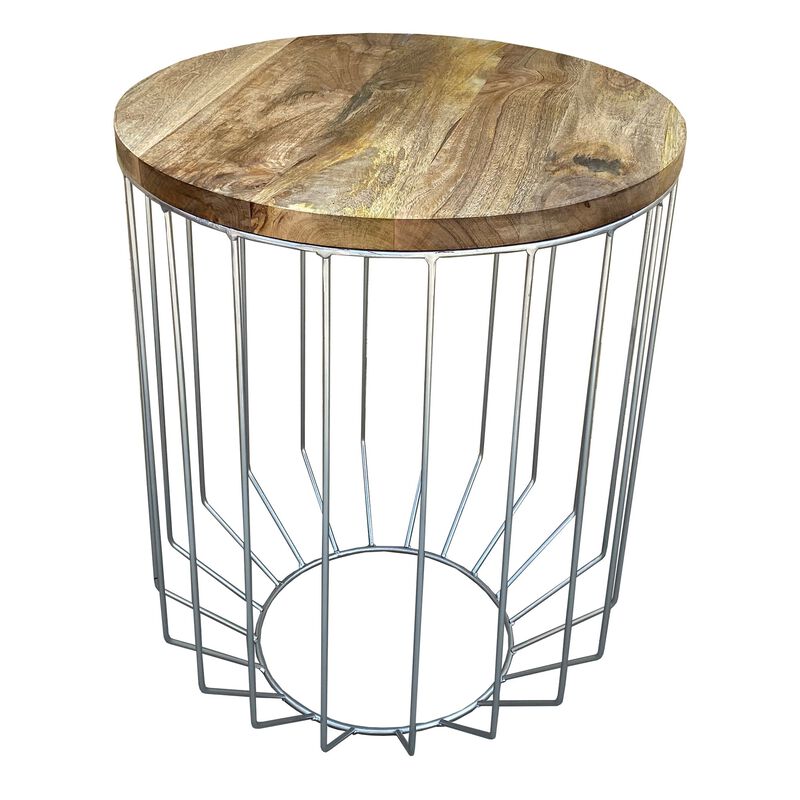 25 Inch Mango Wood Round Side End Accent Table, Tapered Slatted Cage Design, Handcrafted, Natural, Chrome-Benzara