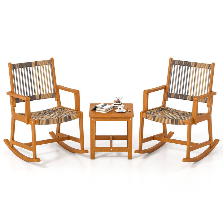 Outdoor 3 Piece Acacia Wood Rocking Set with Rattan Seat and Back