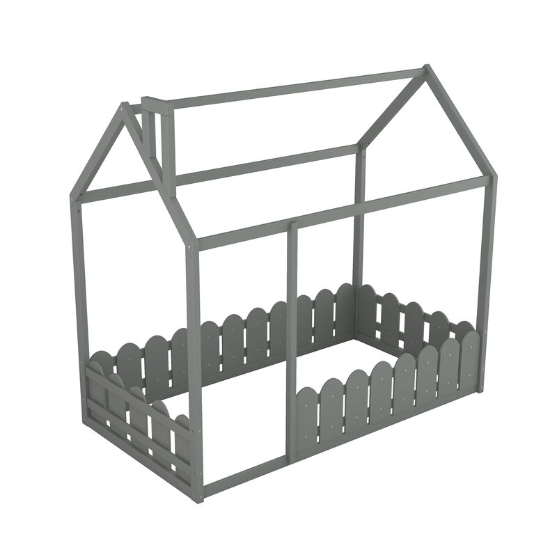 （Slats are not included) Twin Size Wood Bed House Bed Frame with Fence, for Kids, Teens