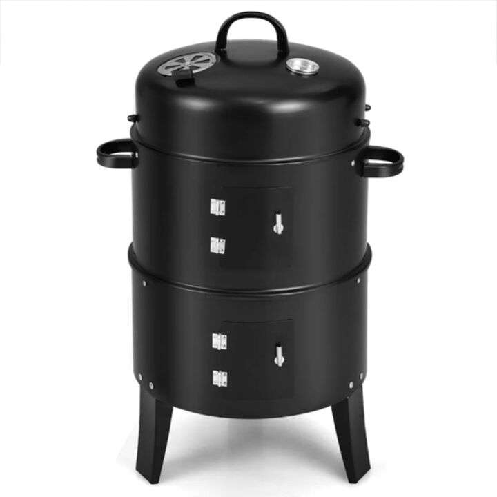 3-in-1 Portable Round Charcoal Smoker BBQ Grill Built-in Thermometer