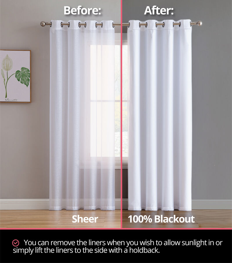 THD White Thermal 100% Blackout Grommet Curtain Liner for Complete Darkness, Energy Efficiency, & Privacy - 2 Liners