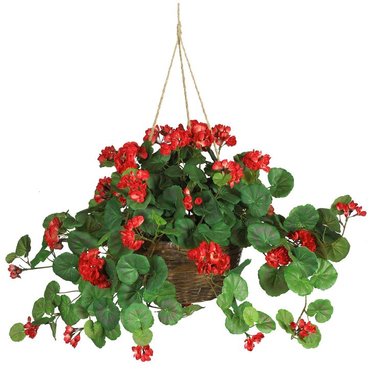 Nearly Natural Geranium Hanging Basket - Red