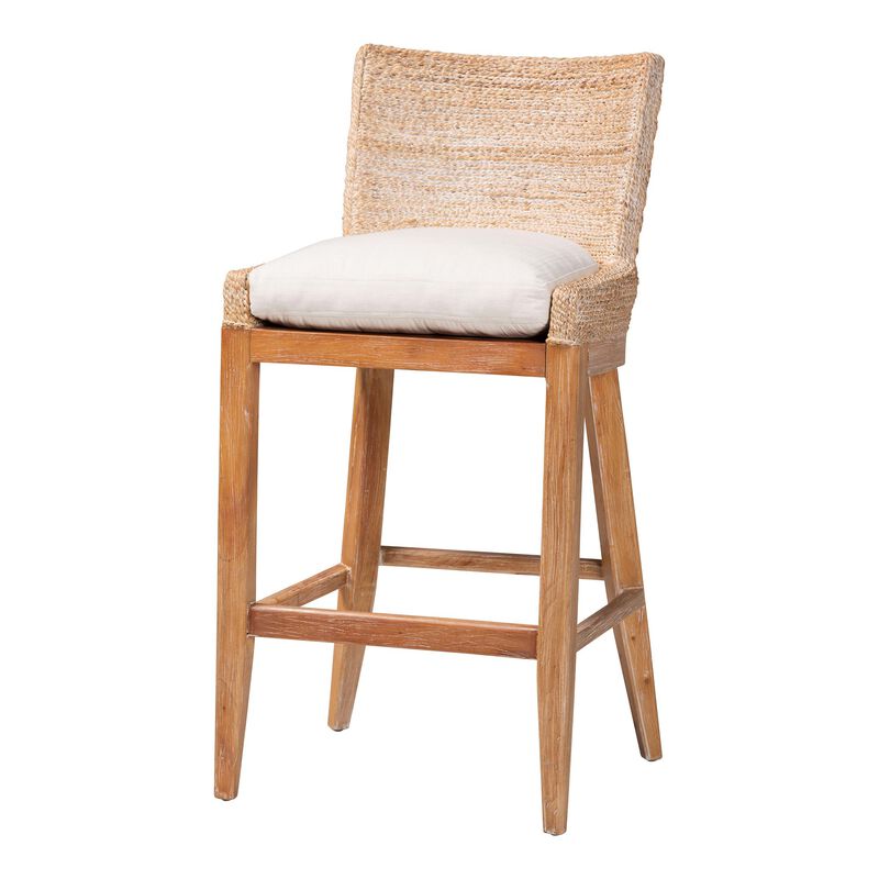 bali & pari Ridley Seagrass Bar Stool with Mahogany Wood Frame - Coastal Seating with Woven Square Back and Cushioned Seat for Bar Island or Lounge