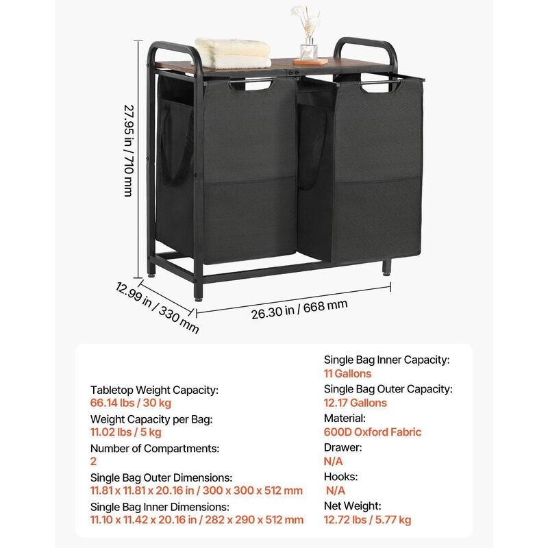 2 Compartment Laundry Sorter with Pull Out Oxford Bags, Freestanding Hamper with Shelf-Black image number 2