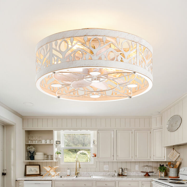 Breezary 16.5 in Caged Ceiling Fan with Light and Remote, White Gold 7-Blade DC Motor Fandelier, Reversible Quiet Fan