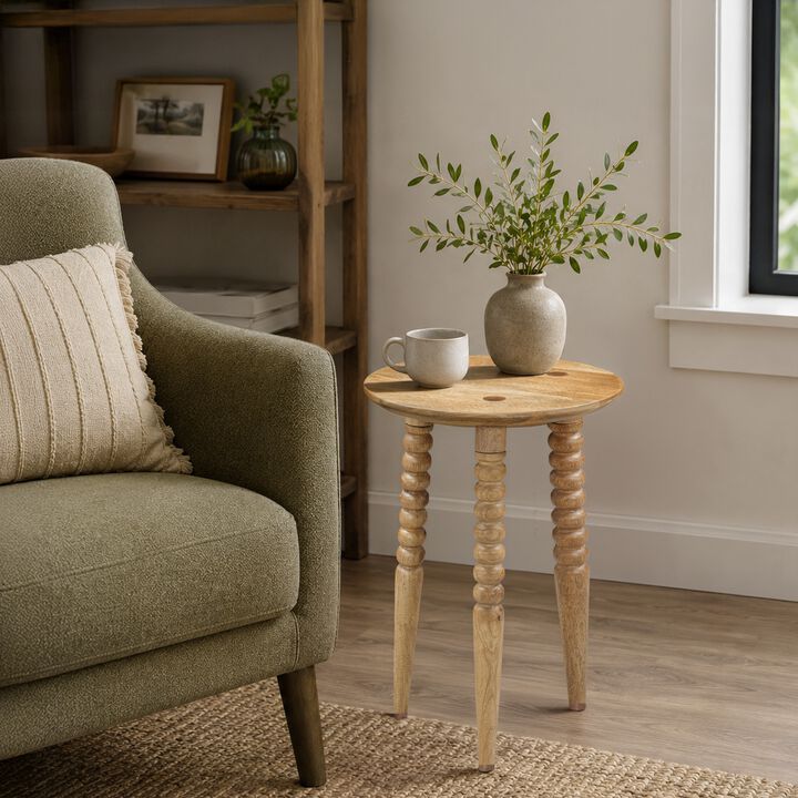 Geya Round Side Table, Tripod Spindle Legs, Natural Brown Mango Wood, 24 Inch High