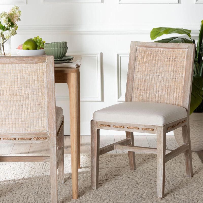 bali & pari Ashford Whitewash Rattan Dining Chair - Mahogany Wood Frame with Handwoven Wicker Backrest and Braided Rope Inserts for Coastal Dining Room image number 7