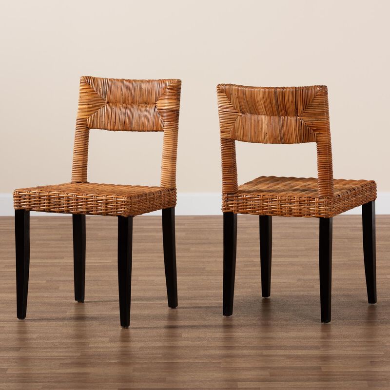 Baxton Studio Manrico Modern Bohemian Dark Brown Finished Wood and Natural Rattan 2-Piece Dining Chair Set