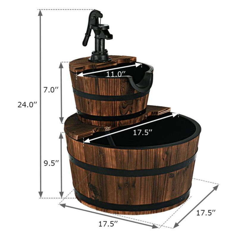 Hivvago 2-Tiers Outdoor Wooden Barrel Waterfall Fountain with Pump